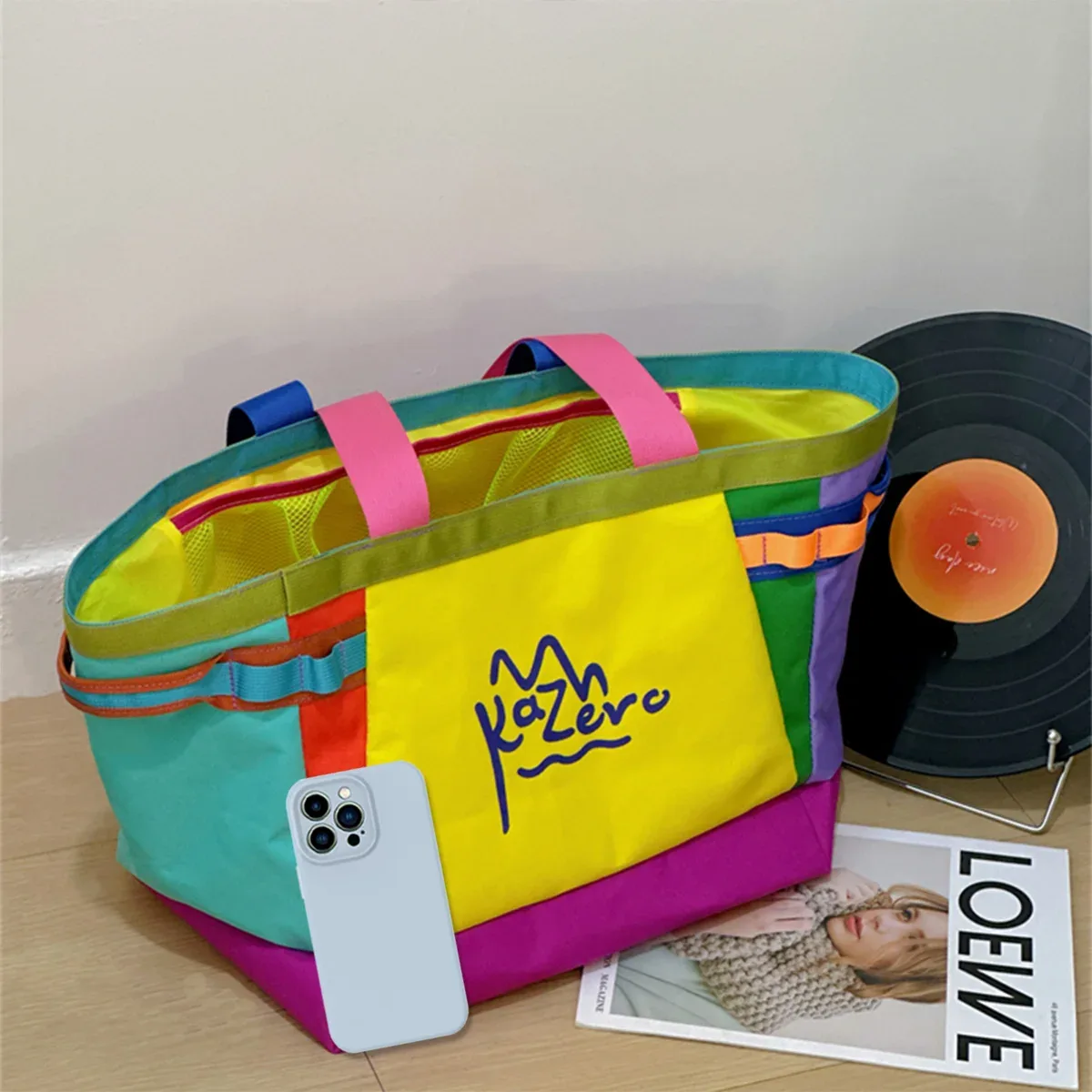 sac fourre-tout sportif pour femme dopamine, sac à bandoulière colorblock avec logo, sac à main multifonction à grande capacité pour les déplacements et le sport