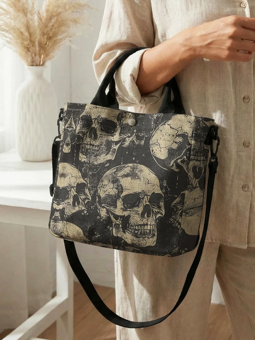 sac fourre-tout vintage imprimé crâne vieilli avec bandoulière amovible, sac à main bandoulière pour femme, idéal pour le shopping quotidien