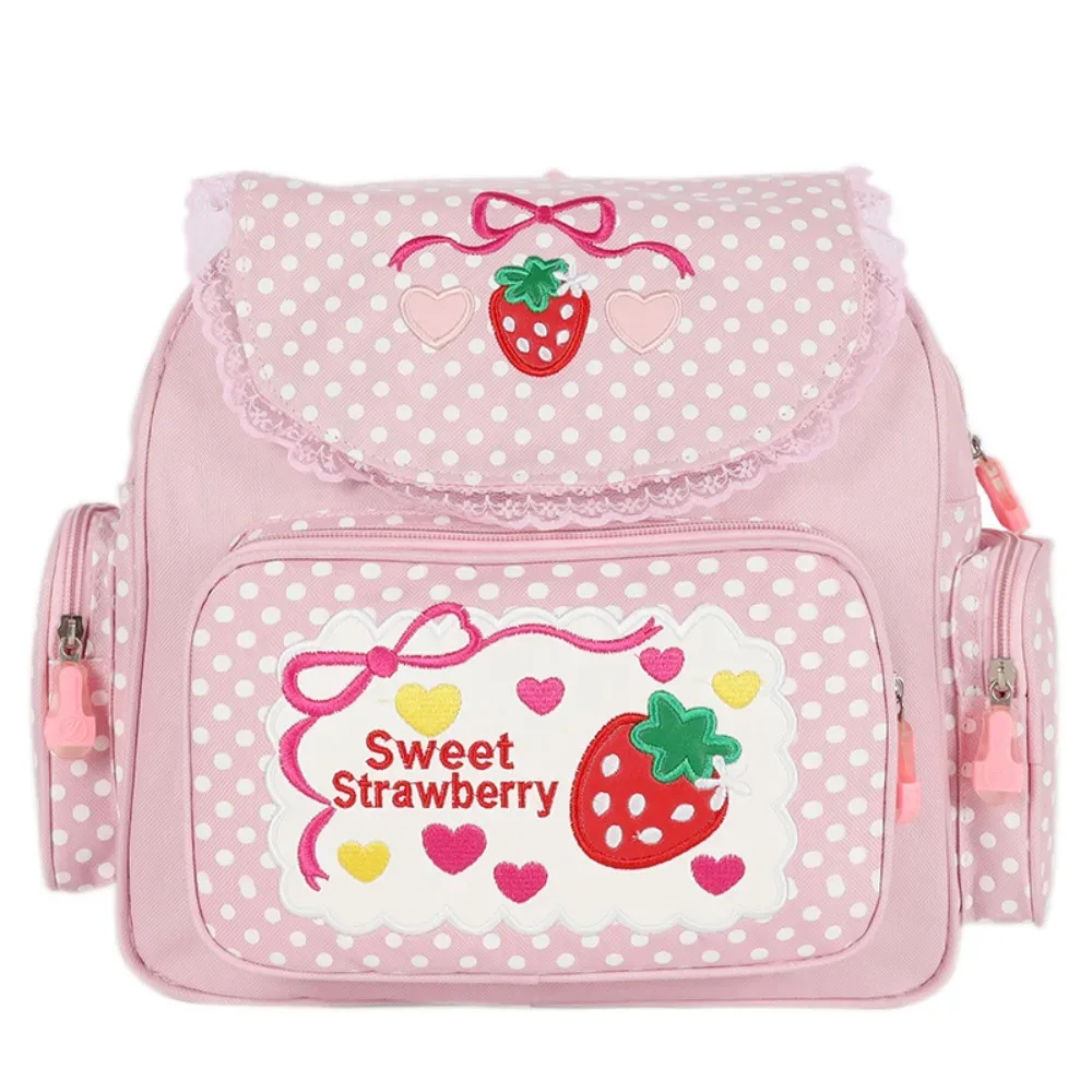 sac à dos scolaire pour fille, motif fraise de dessin animé, avec nœud et pois, multi-poches, sac à dos pour étudiante et adolescente