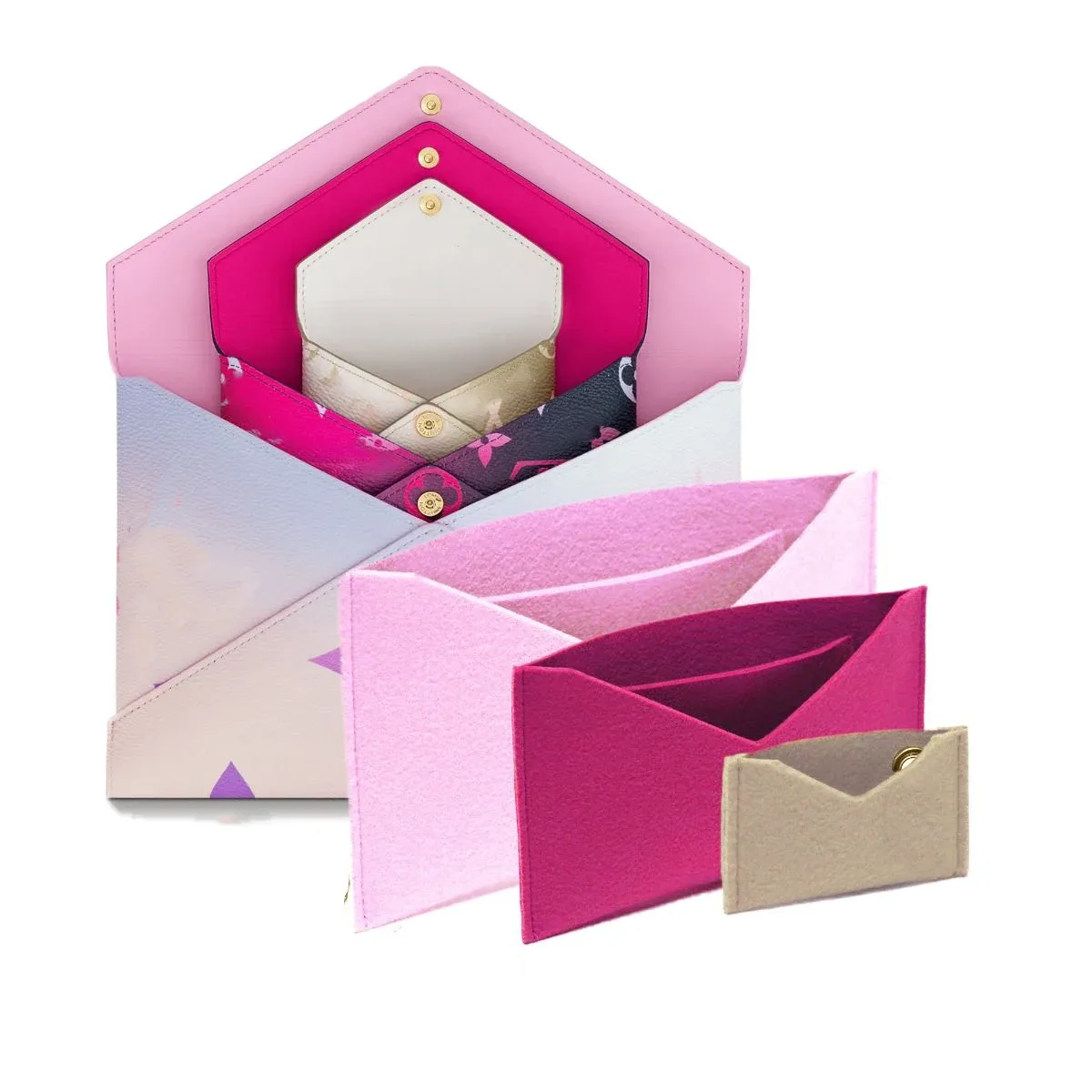 organisateur en feutre pour sac à main, insert kirigami de 3 pièces avec chaîne dorée, sac bandoulière, pochette kirigami, insert organisateur pour sac à enveloppe.