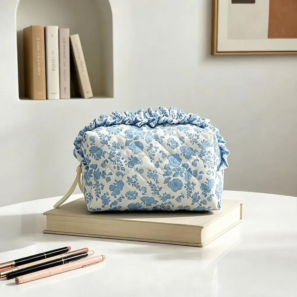 Pochette Polyester Floral Bleu Blanc Motif Fleur Nœud Voyage Cosmétique Organisateur Maquillage Capacité Grande Taille Portable