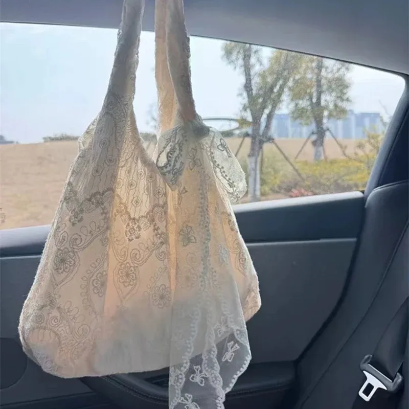 sac fourre-tout en toile style coréen avec dentelle florale, grande capacité, sac à bandoulière pour femme, sac de navetteur, sac de style universitaire