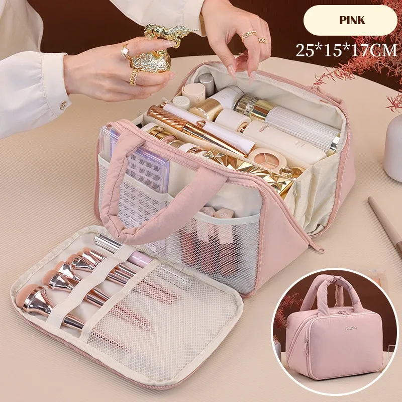 trousse de toilette avec séparateur et poignée, grande capacité, organisateur de maquillage à ouverture large, fermeture éclair, nouveau design, sac cosmétique de voyage mignon