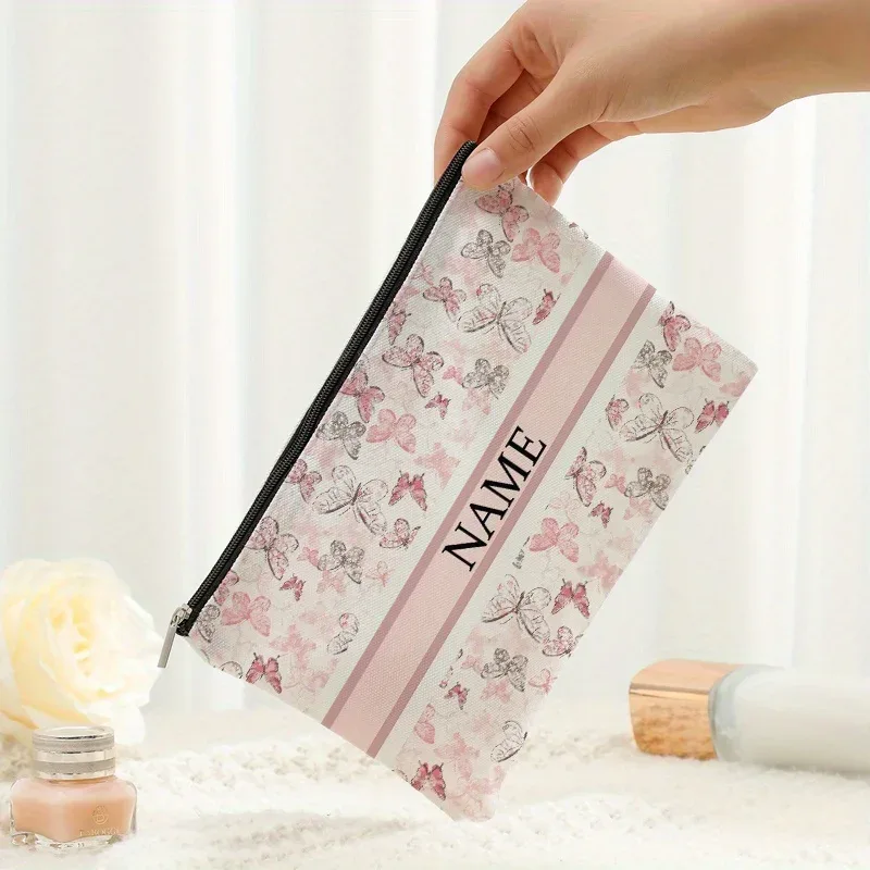 1 pièce trousse de maquillage personnalisée avec nom et motif floral imprimé, sac de rangement de voyage pour articles de toilette, organisateur de cadeaux de fête, pochette cosmétique