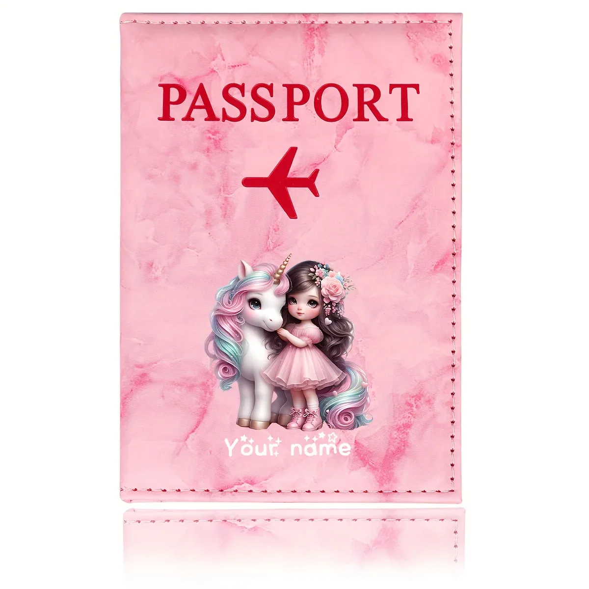 porte-passeport en pu à motif licorne pour fille, avec icône d'avion doré, porte-cartes, portefeuille de voyage, cadeau pour les voyageurs et les professionnels