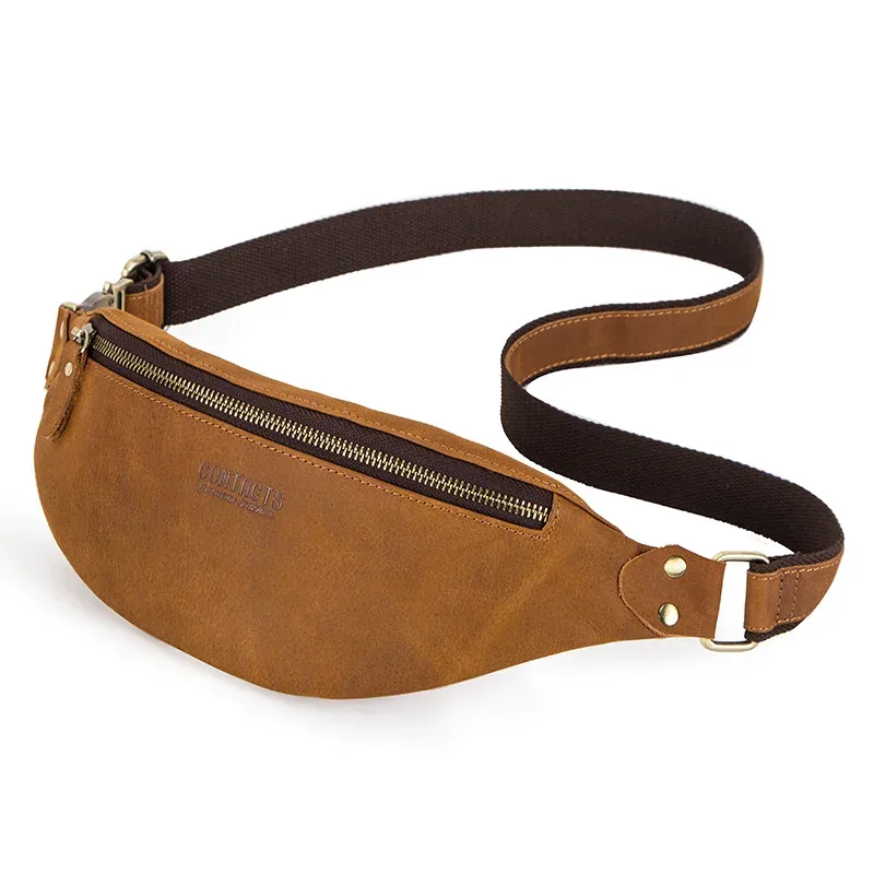 contact's – sacs de taille en cuir véritable crazy horse pour hommes, sac banane de voyage, sac à bandoulière simple pour téléphone, sacs de poitrine 2023
