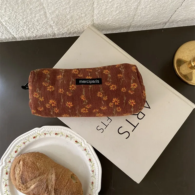 sac à main floral en velours côtelé pour femme, sac de rangement pour rouge à lèvres, sac à main kawaii, portefeuille de maquillage, trousse à crayons en poudre, sacs de voyage