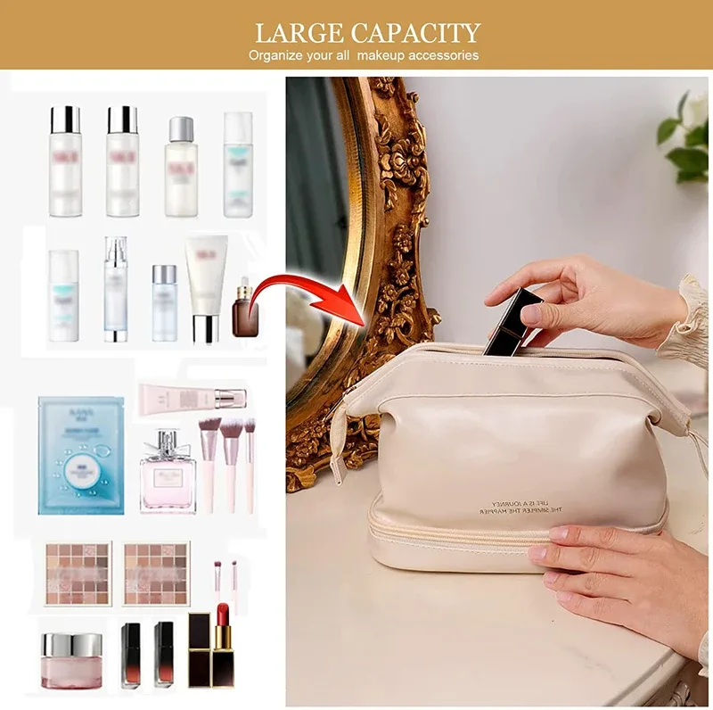 trousse de maquillage en cuir imperméable pour femmes et filles, grande trousse à cosmétiques double couche, trousse de toilette portable, trousse de rangement de maquillage, trousse de voyage