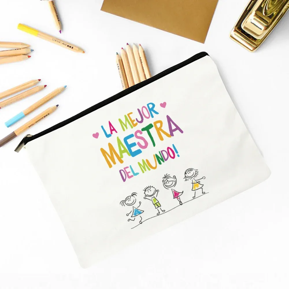 meilleur professeur du monde sac de maquillage imprimé espagnol nécessaire de voyage pochette de rangement d'articles de toilette sacs à crayons cadeau de diplômé pour enseignant