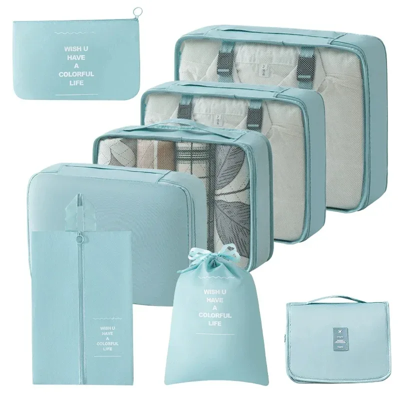 organisateur voyage polyester beige clair cube rangement pliable sac accessoires vêtements chaussures tranches bandes noires fonctionnel