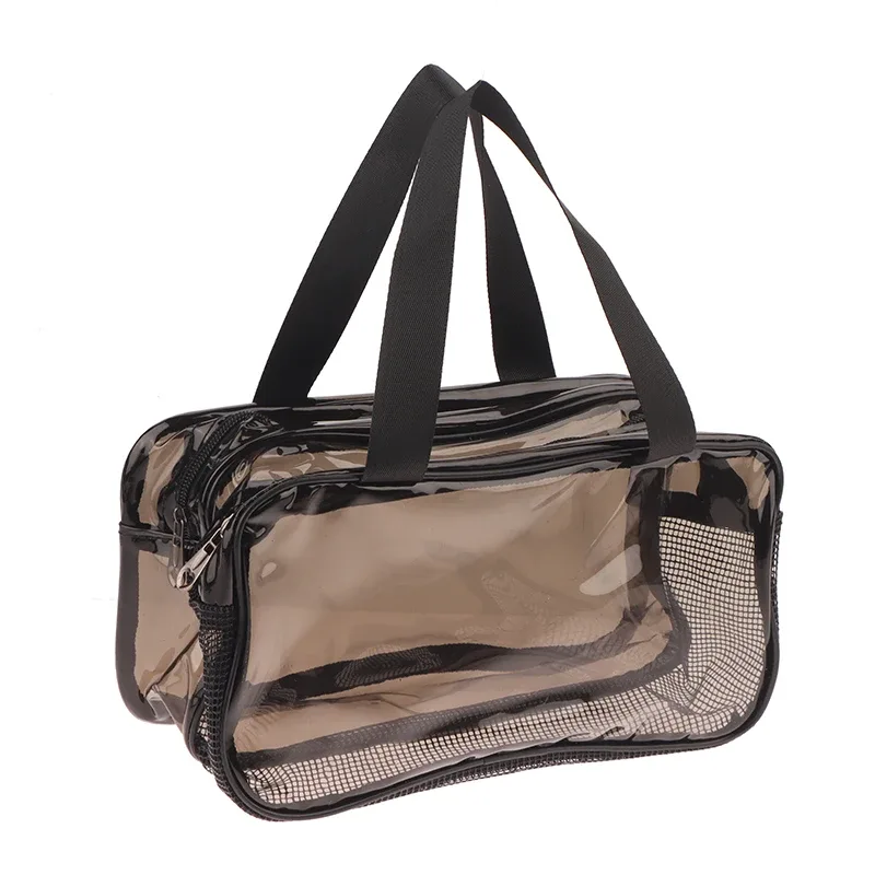trousse toilette pvc translucide poignées noires multi poches séparation humide sec grande capacité voyage femmes