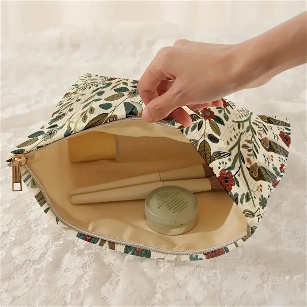 sacs à cosmétiques motif branche oiseau, trousse de maquillage pour femmes, sac de rangement de cosmétiques en velours côtelé, trousse de toilette portable pour les déplacements et les déplacements, 1 pièce