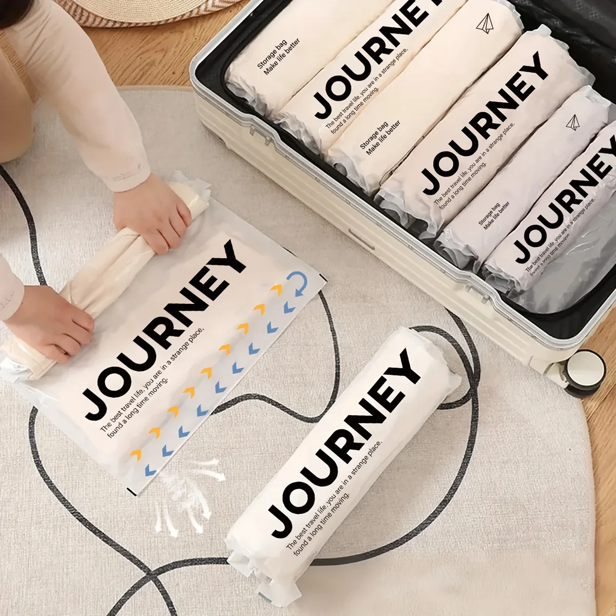 Sac Rangement Voyage Compressible Blanc Mot Journey Imprimé Fermeture Éclair Plastique Compact Utilisation Multiple