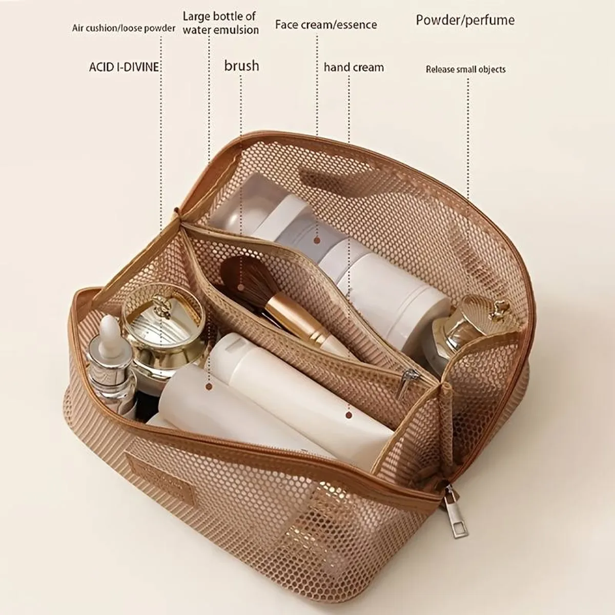 sac cosmétique en maille pour femmes, sac de rangement pour cosmétiques de voyage de grande capacité, trousse de toilette portable