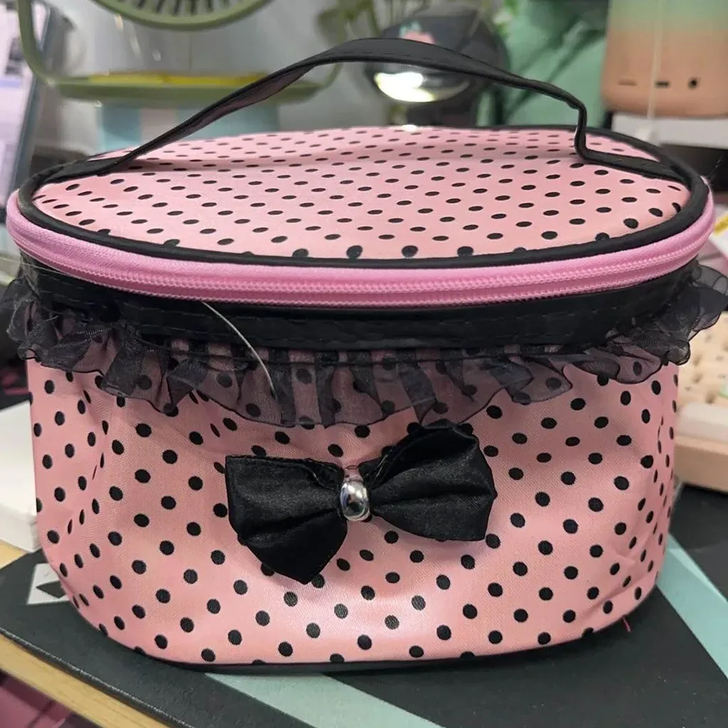 sac de maquillage en dentelle avec nœud mignon pour femmes, organisateur de cosmétiques à fermeture éclair, sac à main en tissu, trousse de toilette portable pour filles