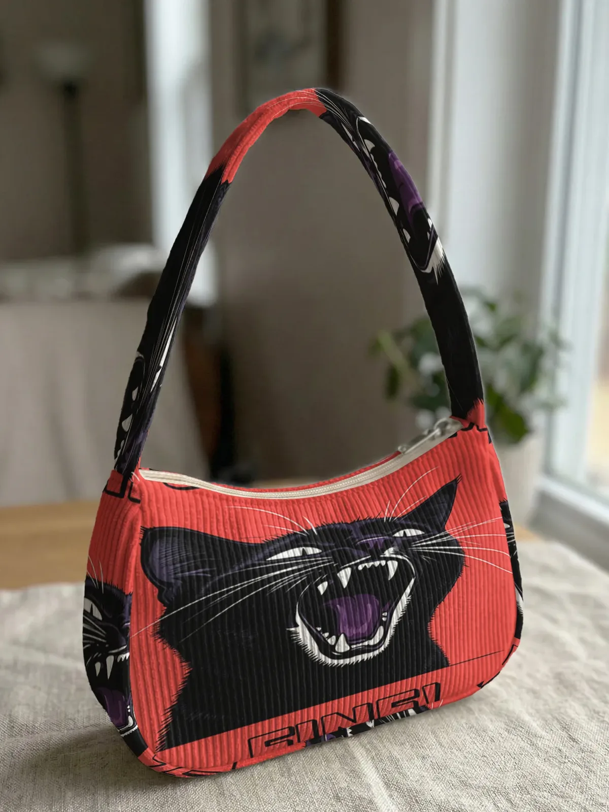 sac à bandoulière tendance imprimé chat noir en colère, sac sous le bras en velours côtelé pour un usage quotidien décontracté