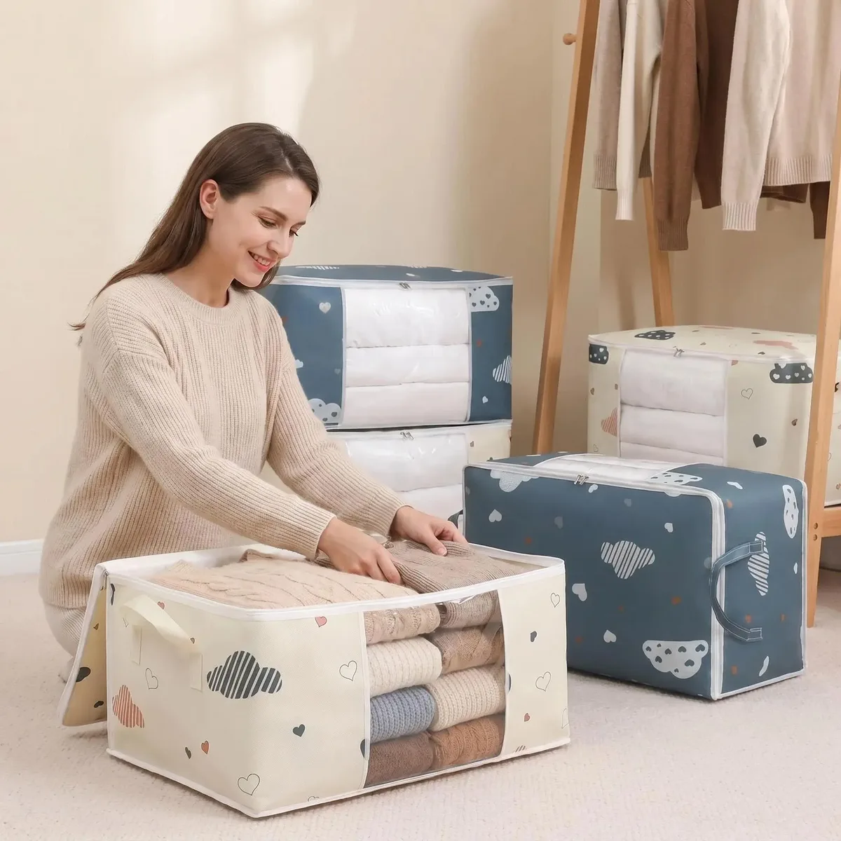 sac de rangement pour vêtements de grande capacité, évalué avec poignée renforcée, adapté aux couvertures, literie pliable avec fermeture éclair robuste
