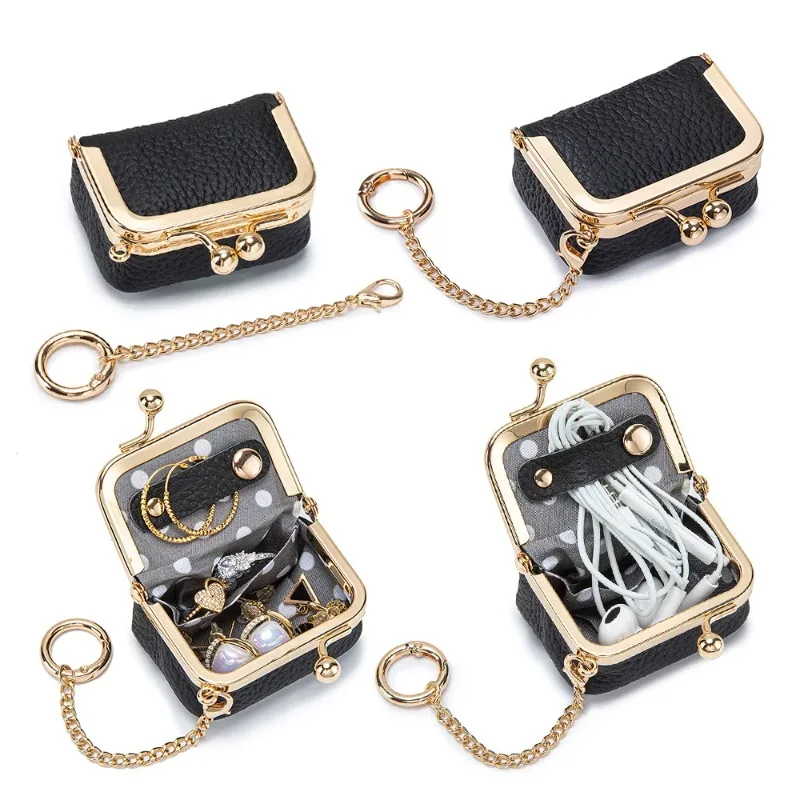 porte-monnaie miniature en cuir véritable avec fermoir à pression et chaîne, petite pochette à fermoir pour femmes, sac de rangement pour bijoux, porte-monnaie compact et solide.