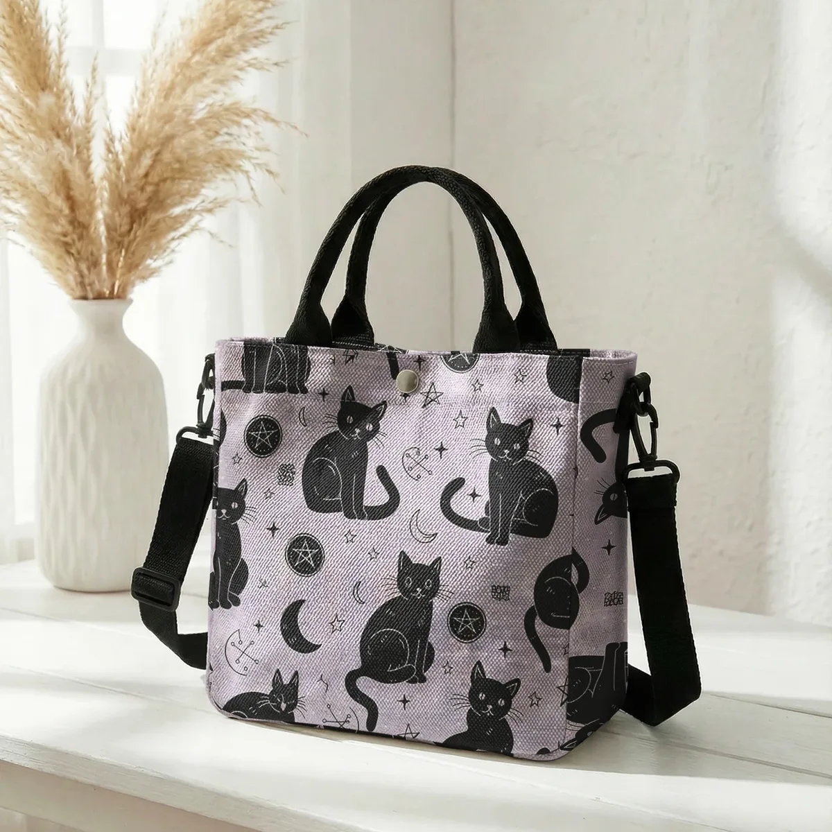 sac fourre-tout en toile rose imprimé lune et étoiles avec chat noir sorcière, bandoulière détachable, sac à main bandoulière pour femme, idéal pour le shopping quotidien