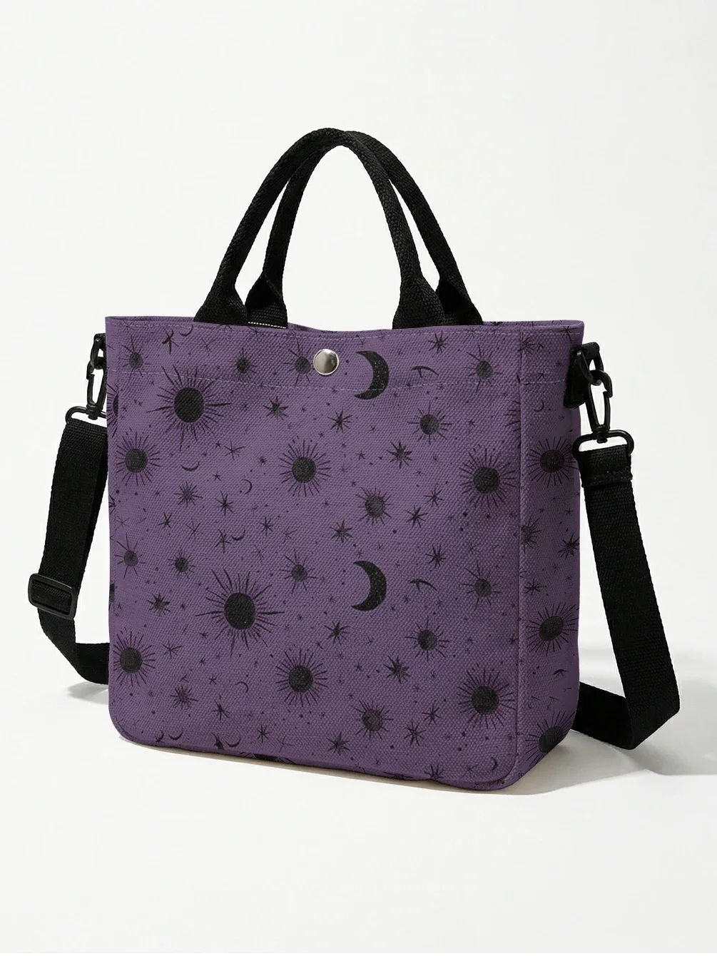 sac fourre-tout violet imprimé soleil, lune et étoiles, avec bandoulière amovible, sac à main pour femme, pour les courses quotidiennes