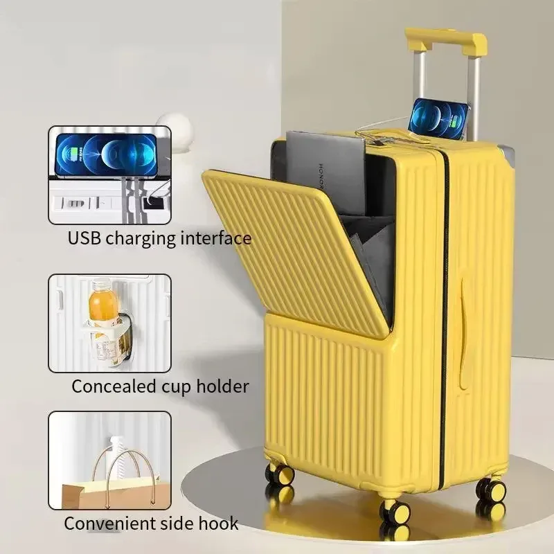 valise bagage roulante plastique dur jaune doré lignes verticales grande capacité voyage business compartiment ordi portable