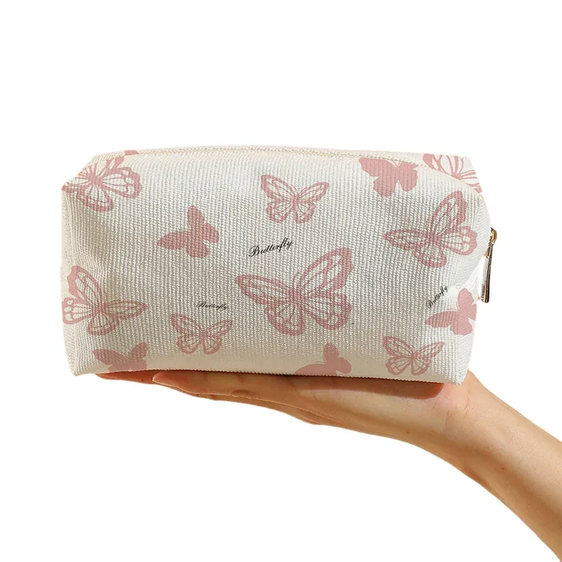 trousse de maquillage en velours côtelé pour femme, sacs cosmétiques de grande capacité, trousse de toilette de voyage, rangement de pinceaux de maquillage, imprimé à la mode