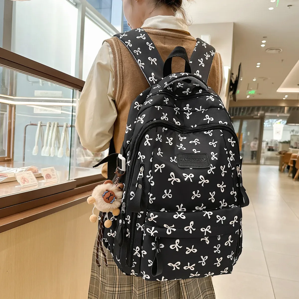 sac à dos en nylon style écolière jeune, capacité 20-35l pour ordinateur portable 14 pouces, motif nœud papillon, bandoulière en arc