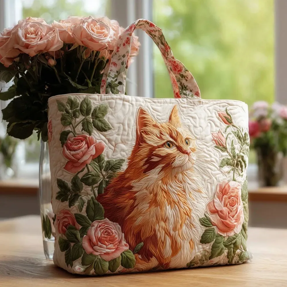 sac fourre-tout matelassé à motifs de chats pour femmes, sac à bandoulière en toile légère vintage, sac de voyage en coton de grande capacité pour femme et fille