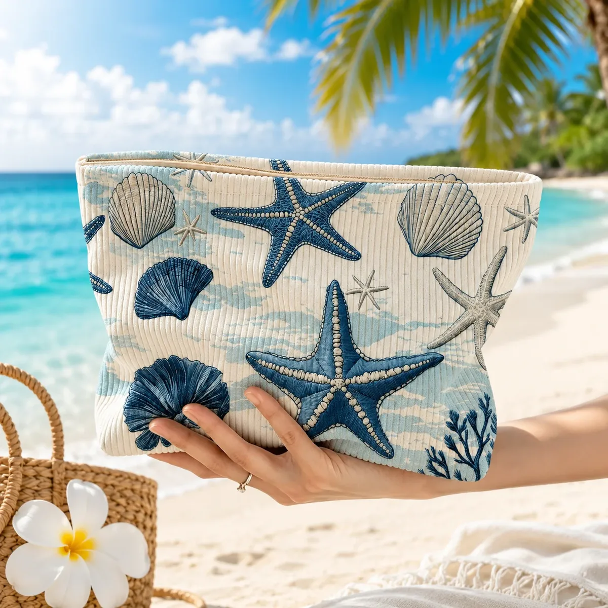 trousse de maquillage en velours côtelé motif étoile de mer et coquillage, grande pochette de voyage zippée pour femmes, idéale pour les vacances à la plage