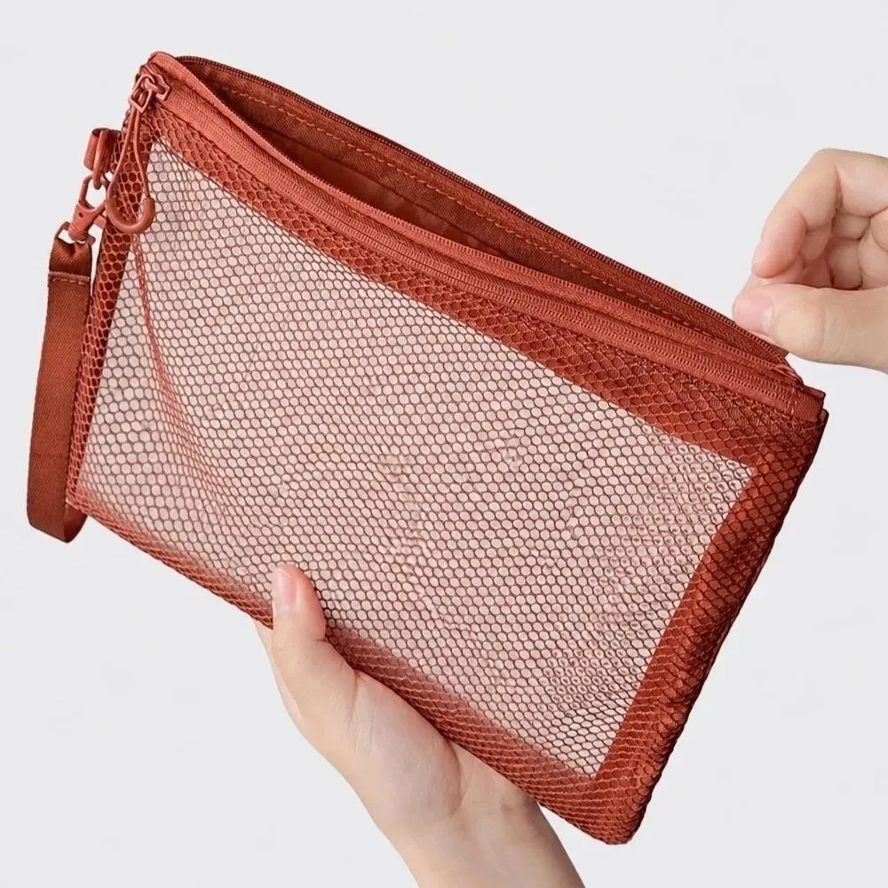 sac de rangement léger en maille, sac cosmétique en polyester de couleur unie avec fermeture éclair, porte-monnaie multifonctionnel, sac de rangement de voyage