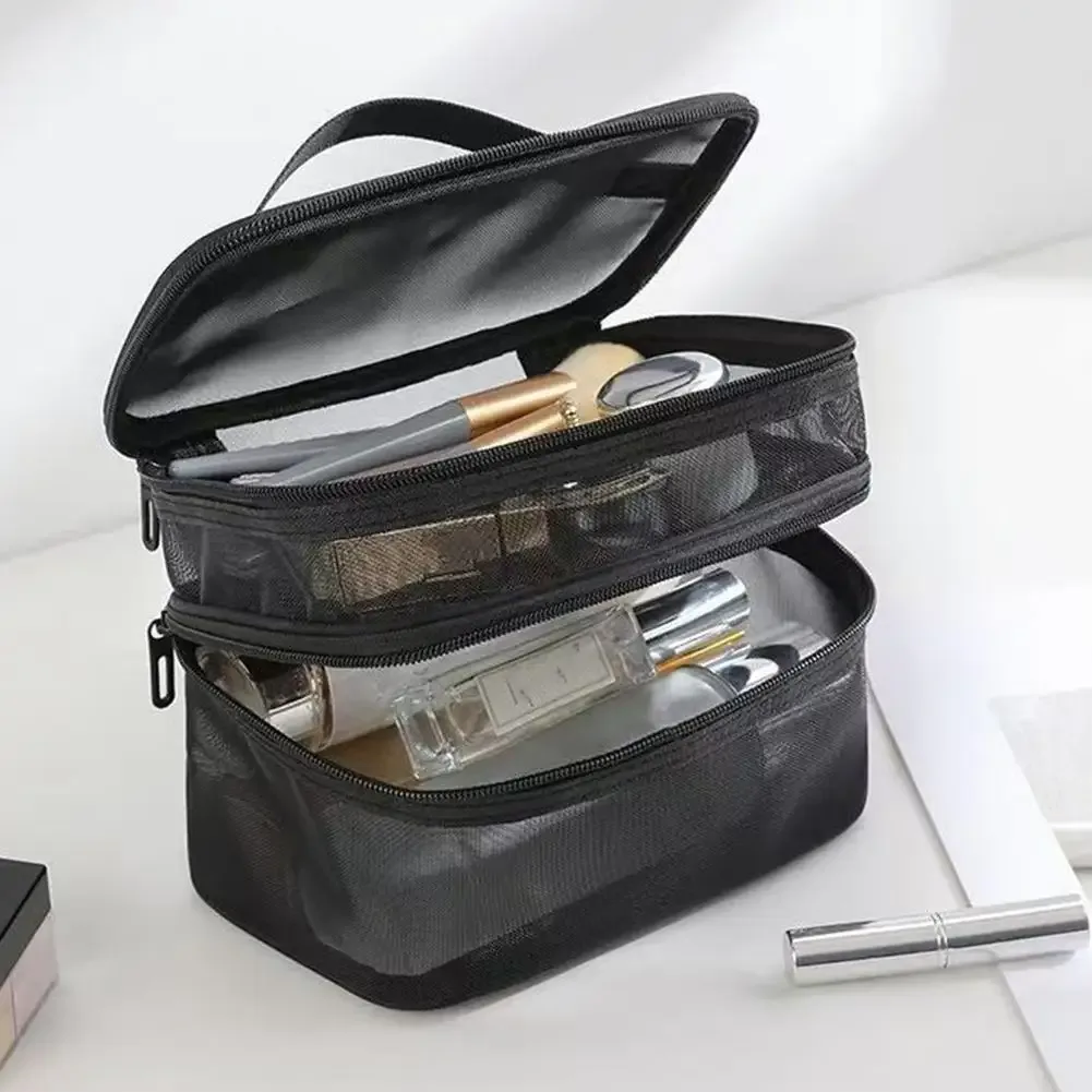 sac à cosmétiques en maille double couche, organiseur de maquillage de voyage, pochette à maquillage transparente à double ouverture, trousse de toilette portable imperméable pour femmes