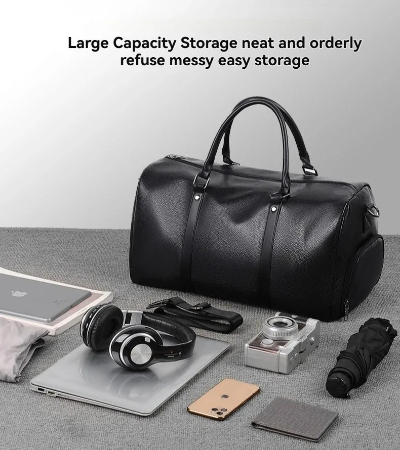 sac de voyage en cuir pu imperméable de grande capacité pour hommes, sac de week-end de nuit, bagage à main, sac multi-poches