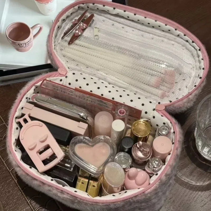 organisateur de toilette de voyage résistant à l'usure, étui de rangement mignon, sac cosmétique en fausse fourrure imprimé léopard rose, pochette de maquillage en peluche pour femmes
