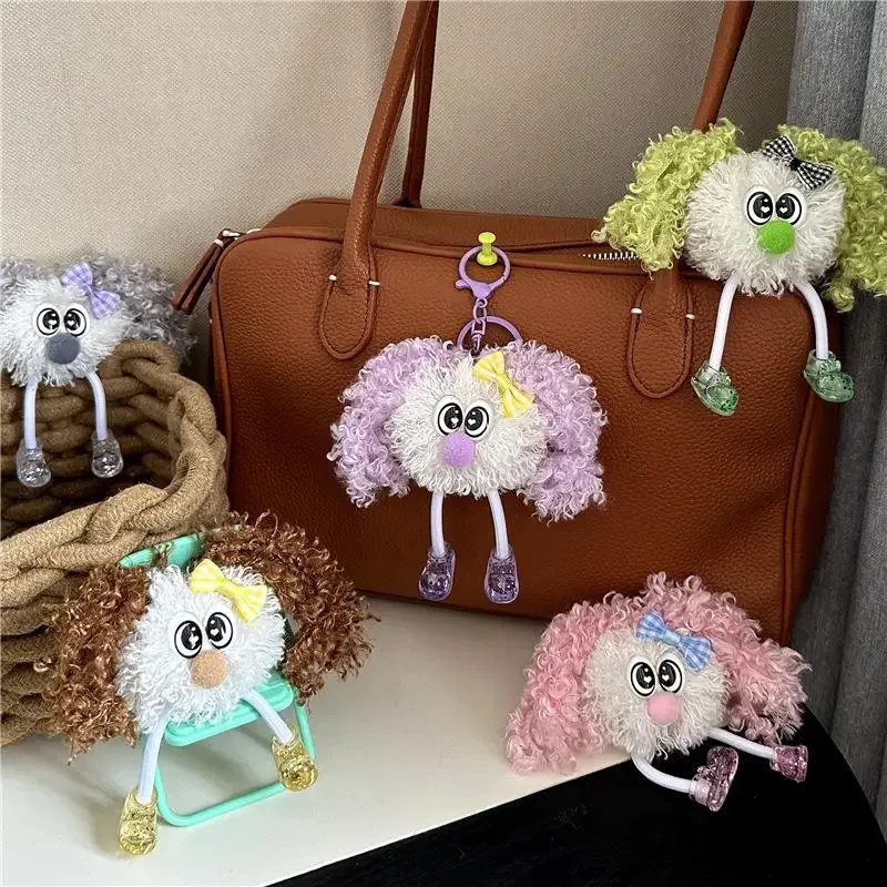 porte-clés poupée en peluche à cheveux bouclés et moelleux avec joli nœud, idéal comme pendentif de sac à dos, cadeau pour adolescentes