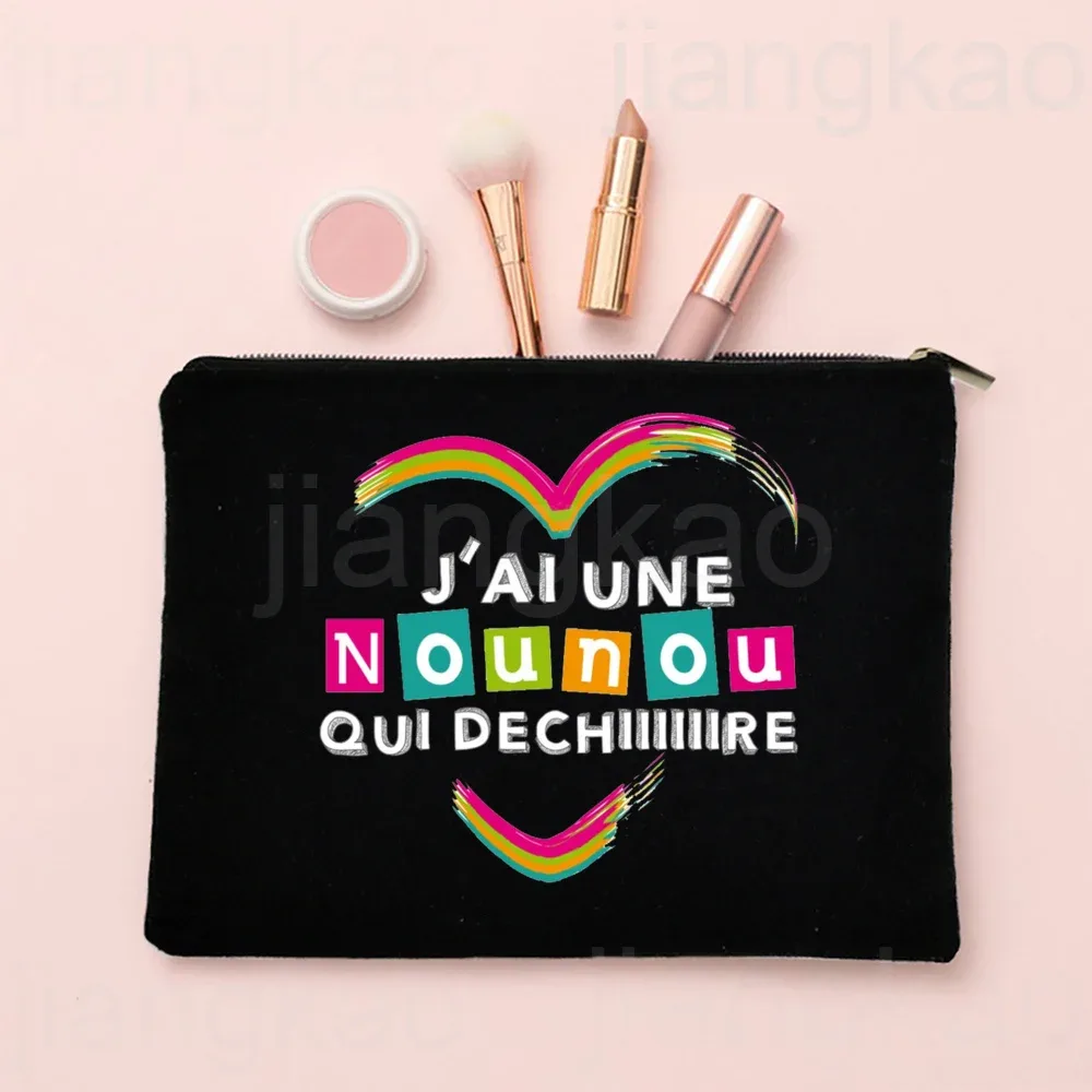 j'aime ma nounou, trousse de maquillage imprimée française, pochette de rangement de toilette de voyage, trousse à cosmétiques pour femmes, sacs à fermeture éclair, cadeau de remerciement pour nounou