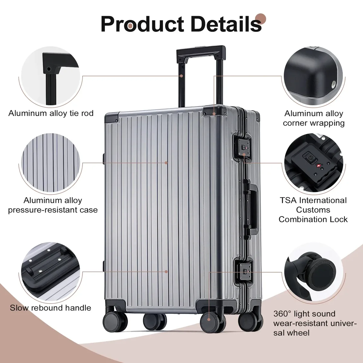 valise trolley 100 % aluminium, bagage de voyage de luxe, roues universelles, tsa, pour hommes et femmes, bagage léger, bagage cabine.