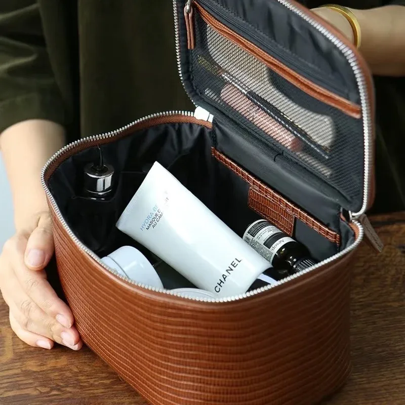 sac de maquillage en cuir de vachette à motif lézard, grande capacité, sac de toilette de voyage, cuir véritable, sac cosmétique portable pour femmes