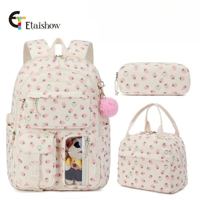 lot de 3 sacs à dos en velours côtelé motif fraise, multifonctionnels, pour l'école, les voyages, grande capacité, légers, pour étudiants