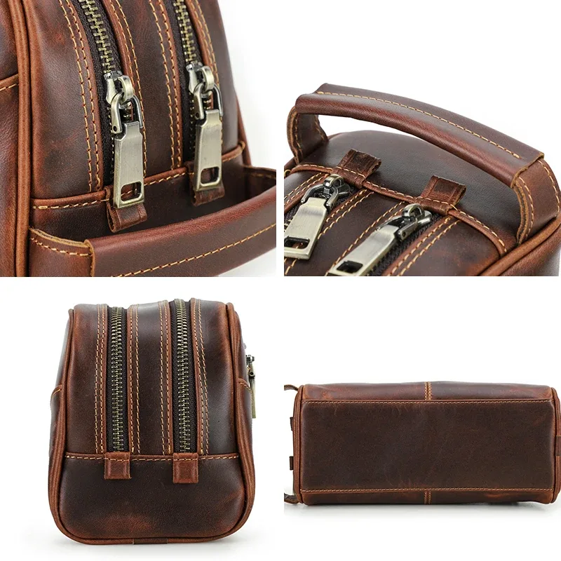 crazy horse – trousse de maquillage de voyage en cuir véritable pour hommes, étuis à cosmétiques vintage en cuir, marque de luxe, rangement de lavage, trousses de toilette