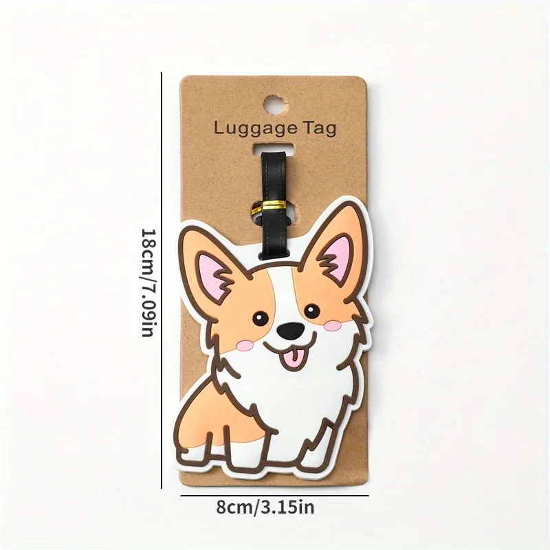 étiquette bagage plastique mignon chien corgi orange blanches roses carton brun anneau noir voyage identification