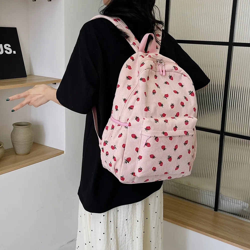 sac à dos en velours côtelé à motif fraise, sac à dos quotidien de grande capacité, sac à livres tendance, multi-poches, sangle réglable pour les voyages en plein air