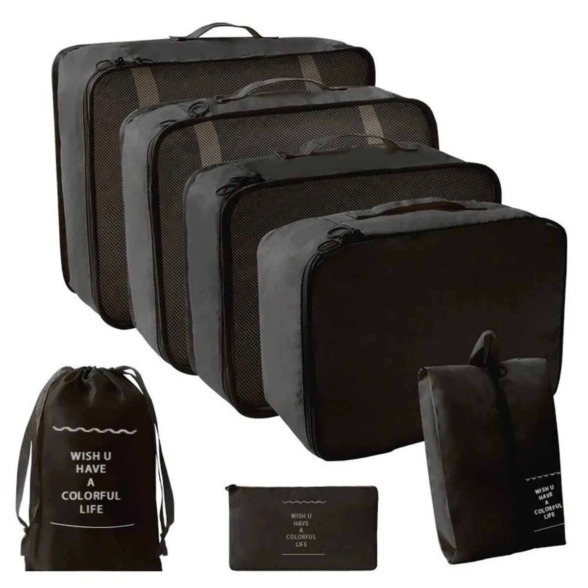 organisateur voyage sacs rangement polyester beige noir chaussures vêtements cube pliant accents double glissières transport usage