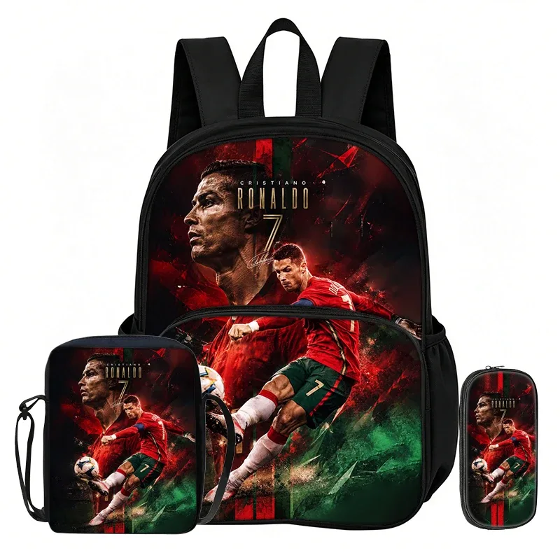 ensemble de 3 sacs à dos avec poche avant ronaldo learn, sacs à bandoulière pour voyage et fans de football, trousse à crayons, sacs d'école et de sport