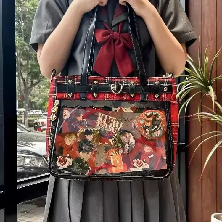 femmes mode motif à carreaux rétro ita sac mignon fille transparent grande capacité sac fourre-tout bricolage affichage sac à main nouveau sac à bandoulière