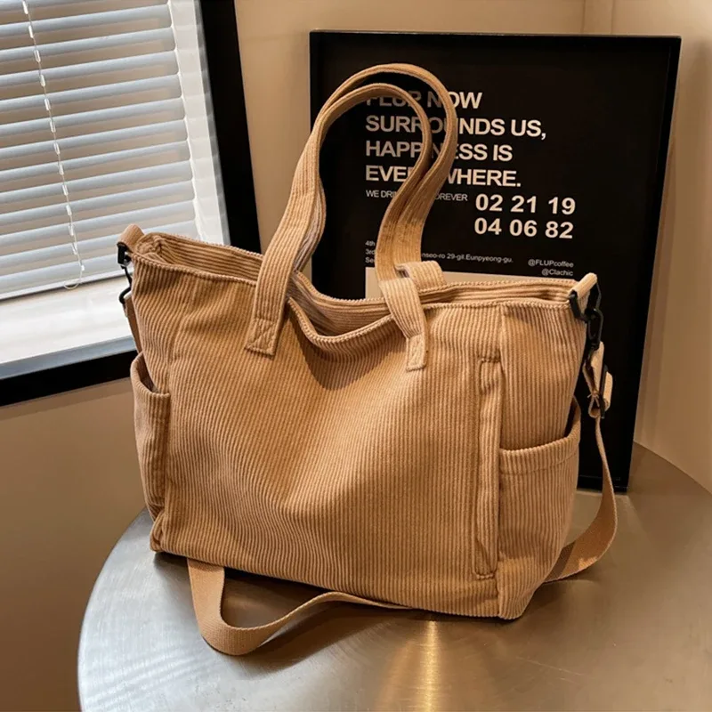 sac à main en velours côtelé pour femmes, fourre-tout décontracté, multi-poches, sangle réglable, sac à bandoulière, fermeture éclair initiée, automne, hiver