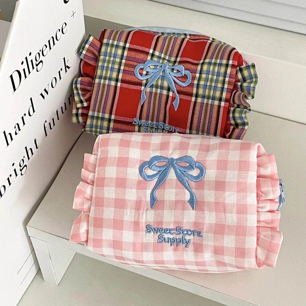 kawaii sac cosmétique plaid arc trousse de maquillage mignon petit sac fille style doux à volants maquillage trousse maquillage sac organisateur pochette