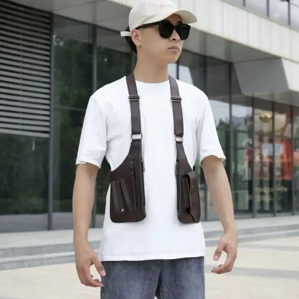 sac de poitrine rétro antivol multi-poches en cuir avec sangle dissimulée, sacoche multifonction pour téléphone portable, idéal pour la chasse