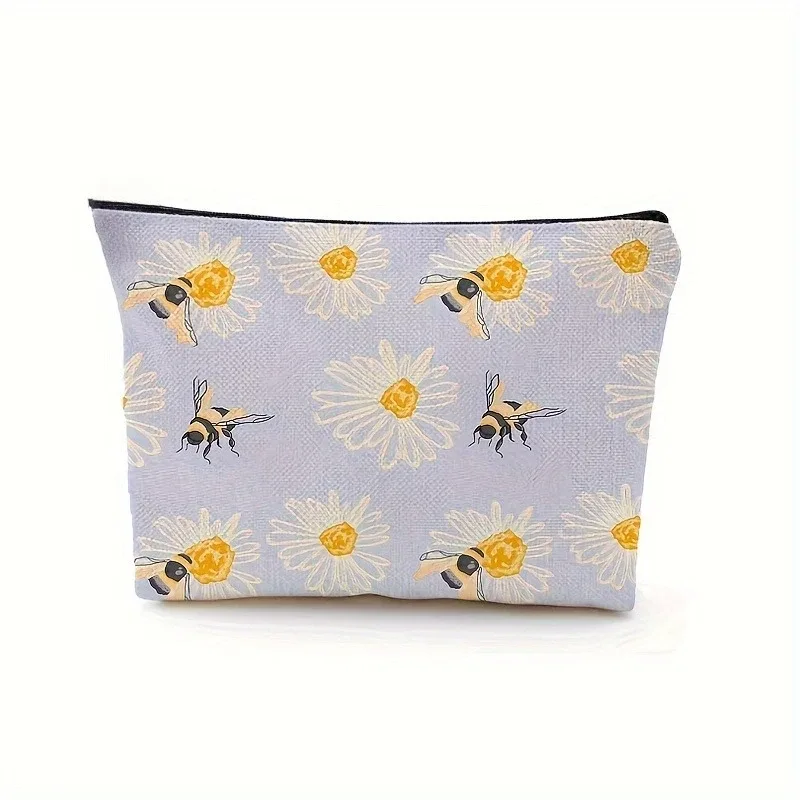 trousse de maquillage à motif d'abeille, 1 pièce, jolie pochette à cosmétiques avec fermeture éclair, design beige et floral, cadeau parfait pour les femmes, anniversaire