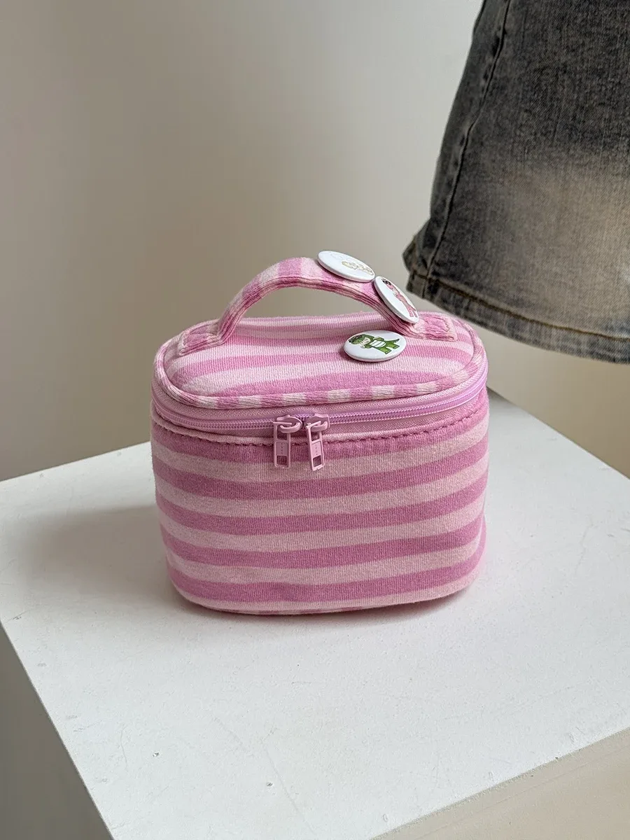 nouvelle trousse de maquillage rose rayée mignonne pour femme y2k, sac à main portable avec miroir et fermeture éclair, pochette de toilette en coton doux, organisateur de voyage cosmétique