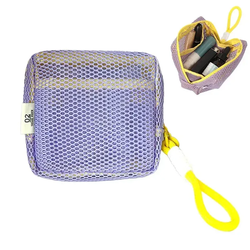mini porte-monnaie portable en maille, trousse de maquillage en tissu maille dopamine, sac de rangement pour argent, rouge à lèvres et fards à paupières pour les voyages et le shopping